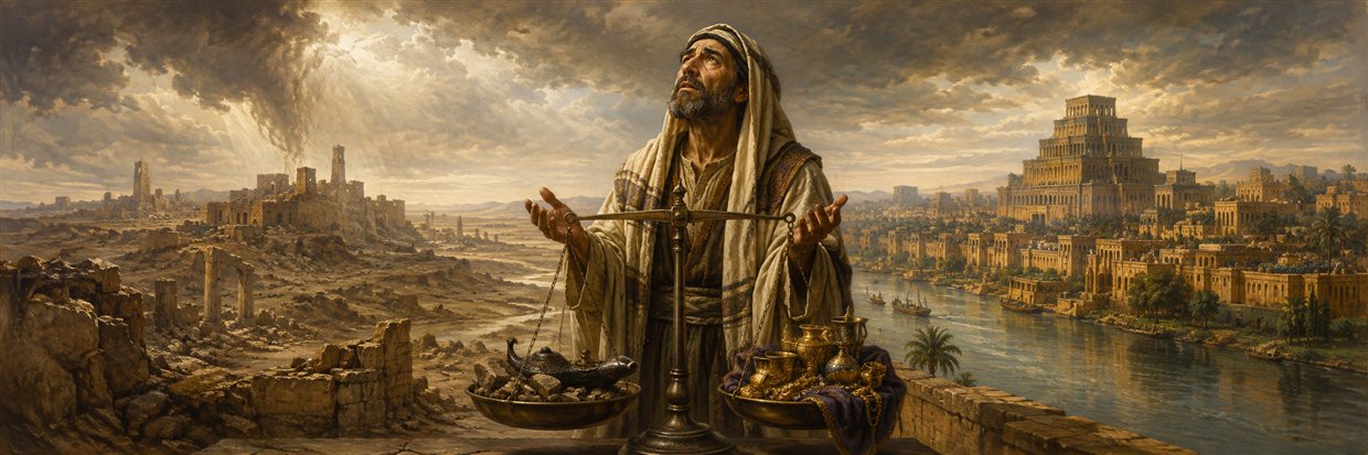 Ezra laments between ruined Zion and prosperous Babylon beside scales weighing the sins of both peoples